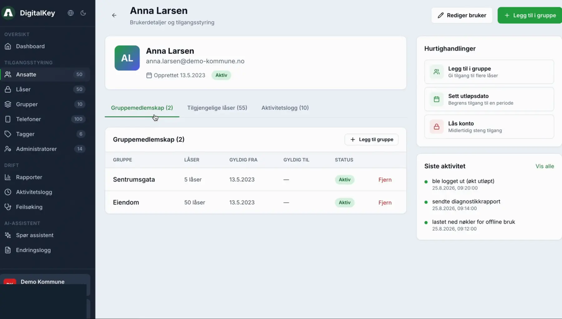 Ansattprofil i Aprire med gruppemedlemskap og tilgjengelige låser