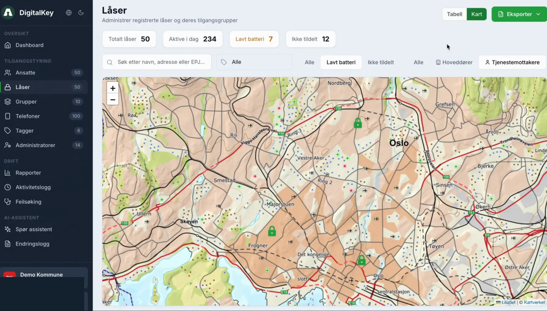 Aprire-dashboard med nøkkeltall, varsler og kart
